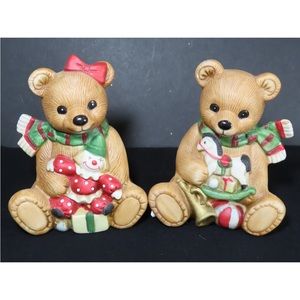 2 Vintage Homco Ceramic Christmas Bears 5251  Figurine Family Lot 4.5" H Holiday
